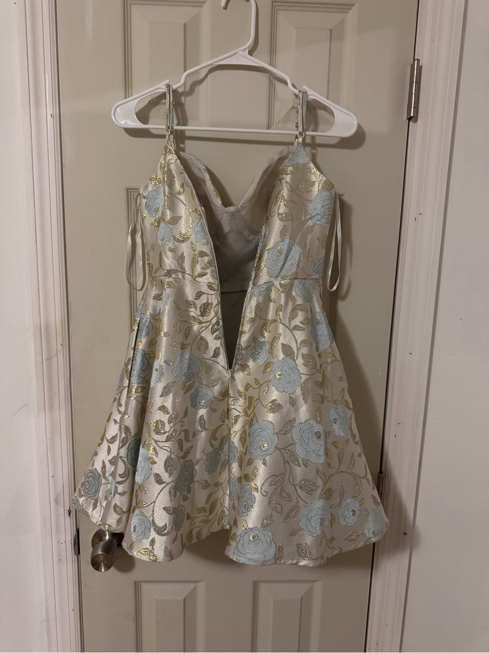 B Darlin Cream and Light Blue Floral Metallic Jacquard Mini Dress